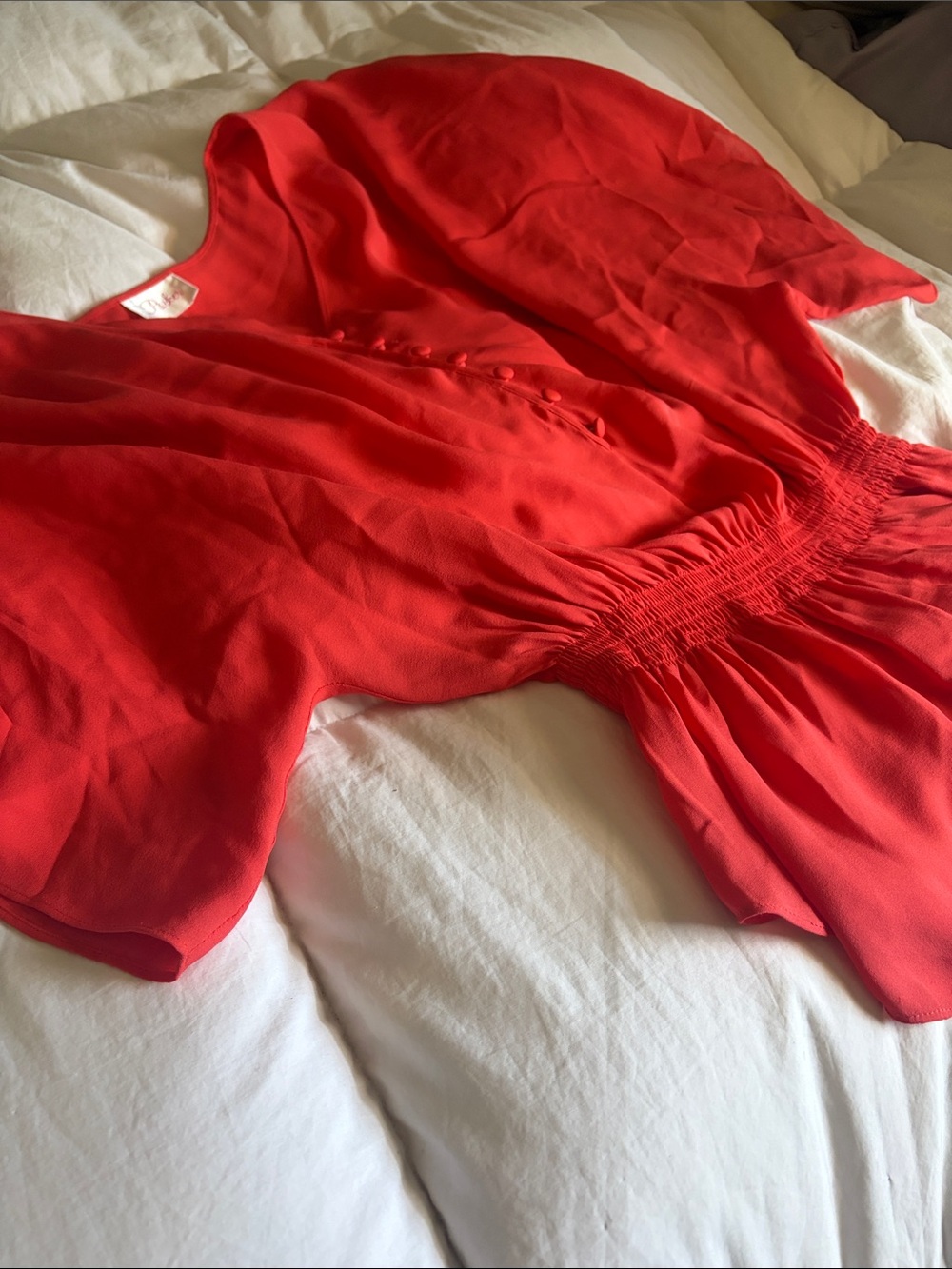 Parker Bright Red Button-Front Blouse with Smocked Waist - Picture 3 of 6